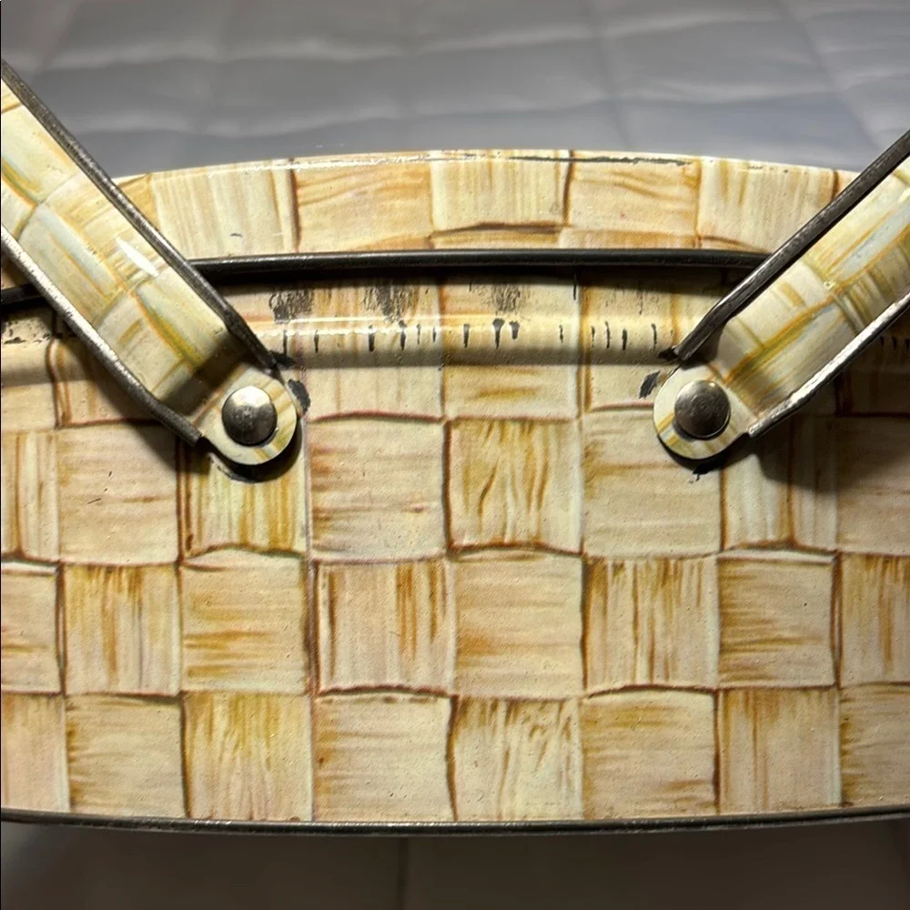 Vintage Tin Box Oval Sewing Basket Picnic Basket Double Swing Handle